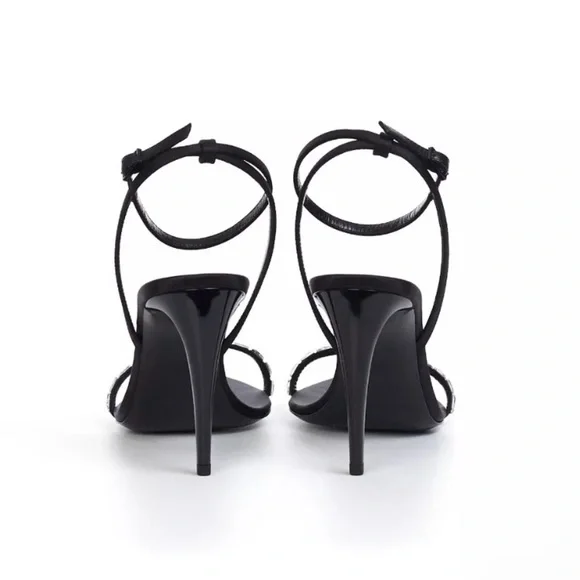 YSL SAINT LAURENT GLORIA SANDALS IN CREPE SATIN WITH RHINESTONES HEELS 90 - Picture 11 of 14